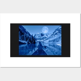 Moonlit Mountains Night Time Canoeing Posters and Art